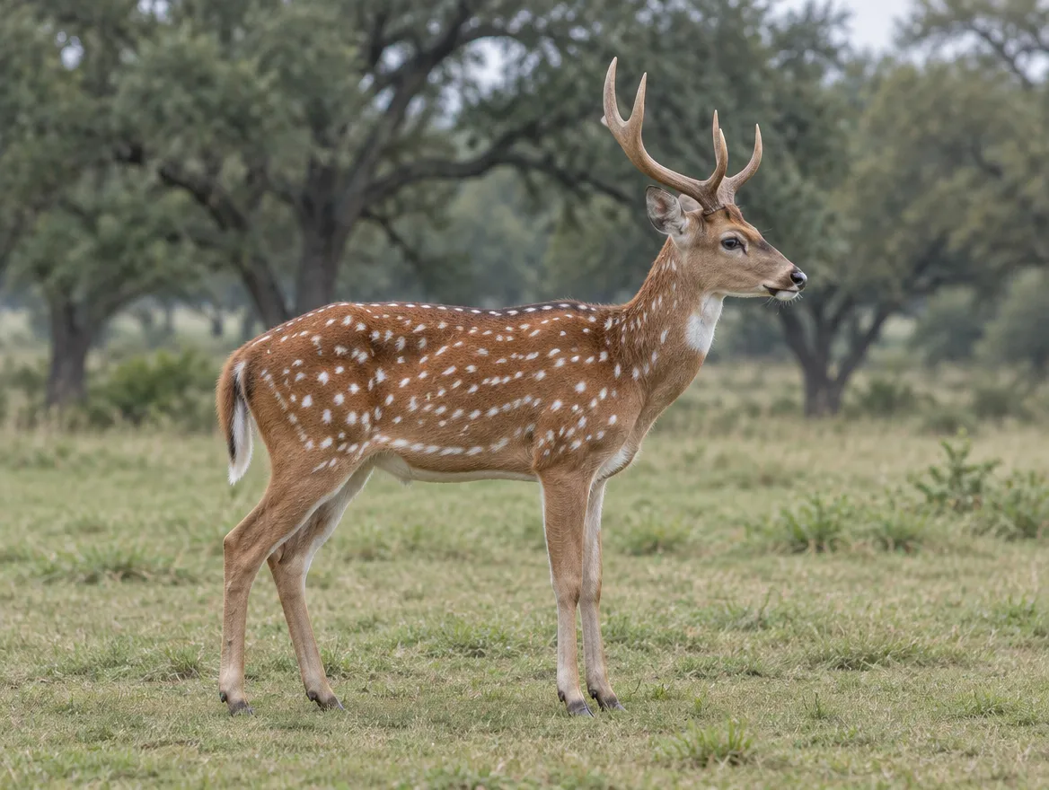 Sample image: an axis buck standing broadside in a live-oak pasture
