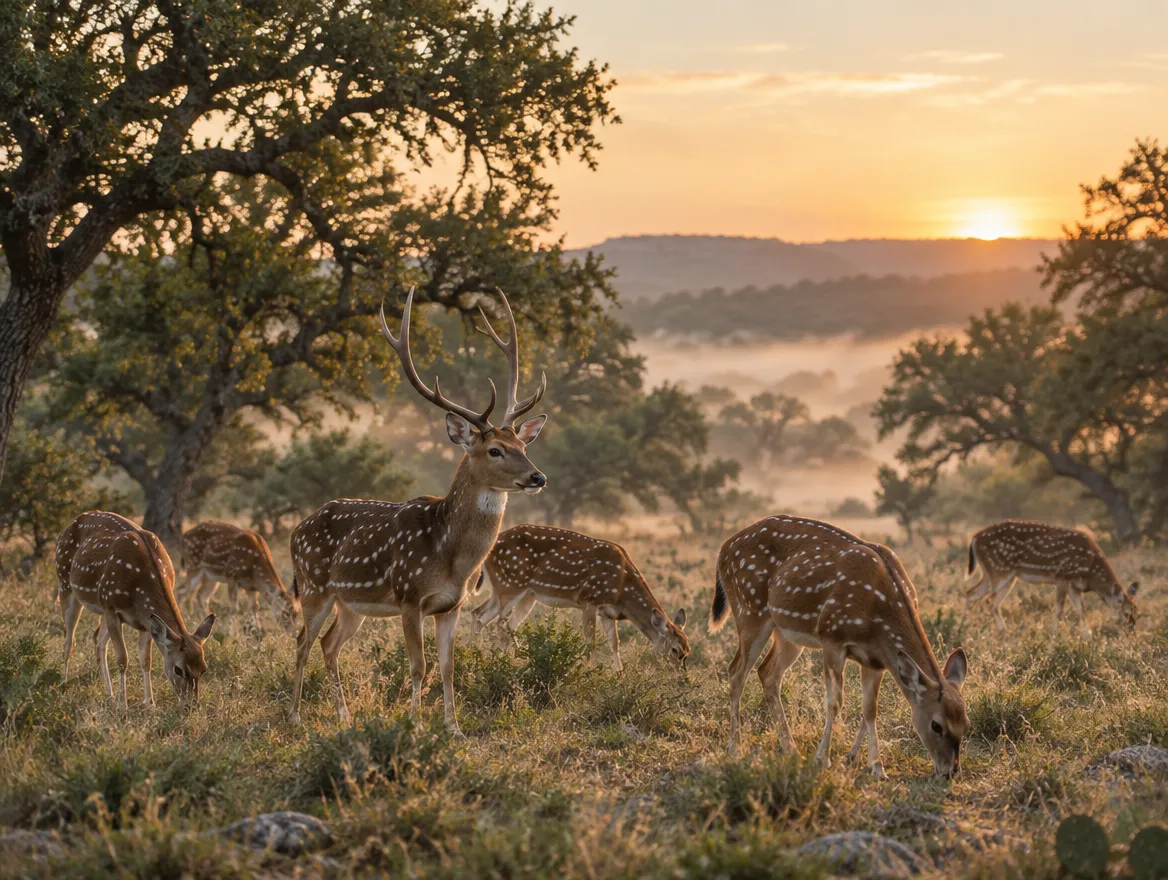 Sample image: an axis buck and does grazing among live oaks at dawn