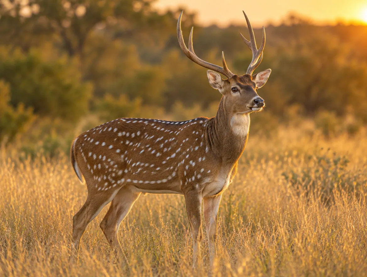 Sample image: a mature axis buck in golden grass at sunset