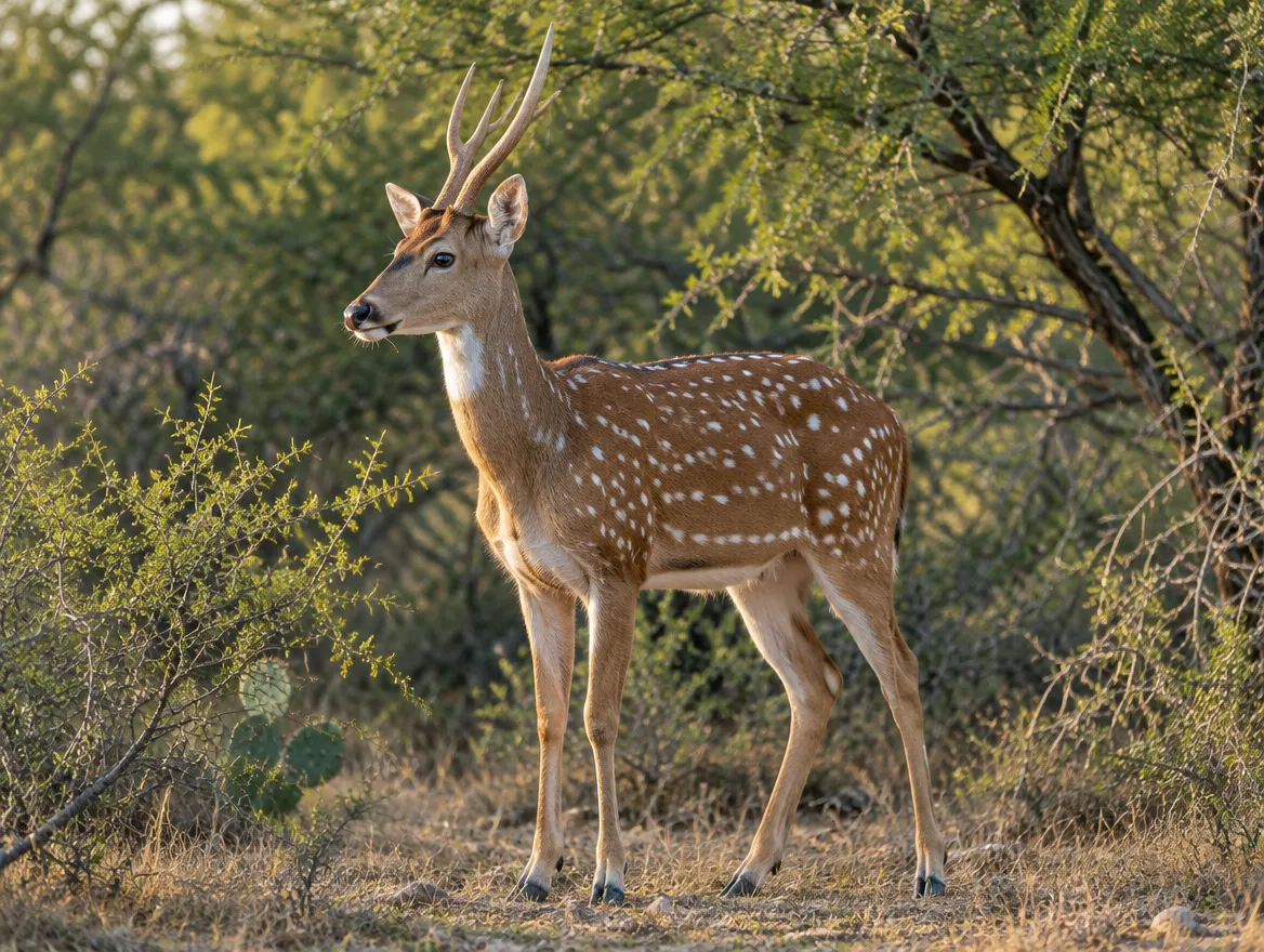 Sample image: a young axis buck at the edge of South Texas brush
