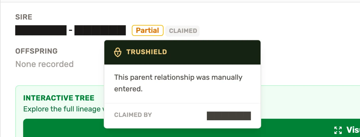 A live listing's lineage panel. Sire and dam are both marked Partial and Claimed; the TruShield popover reads: This parent relationship was manually entered.
